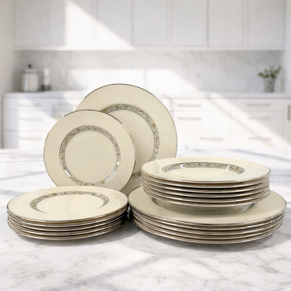 Lenox Springdale Platinum Trim Dinner Salad Plates Soup Bowls USA China 18 Set